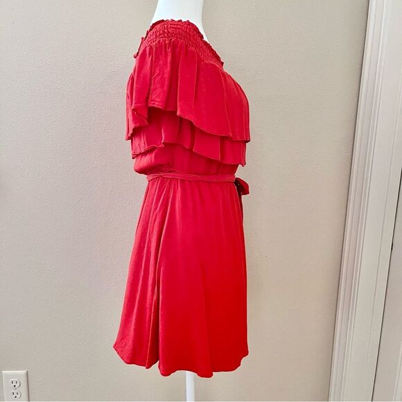 Lovers + Friends Orange Ruffle Dress Off The Shoulder Tie Waist Size Medium - Picture 8 of 9